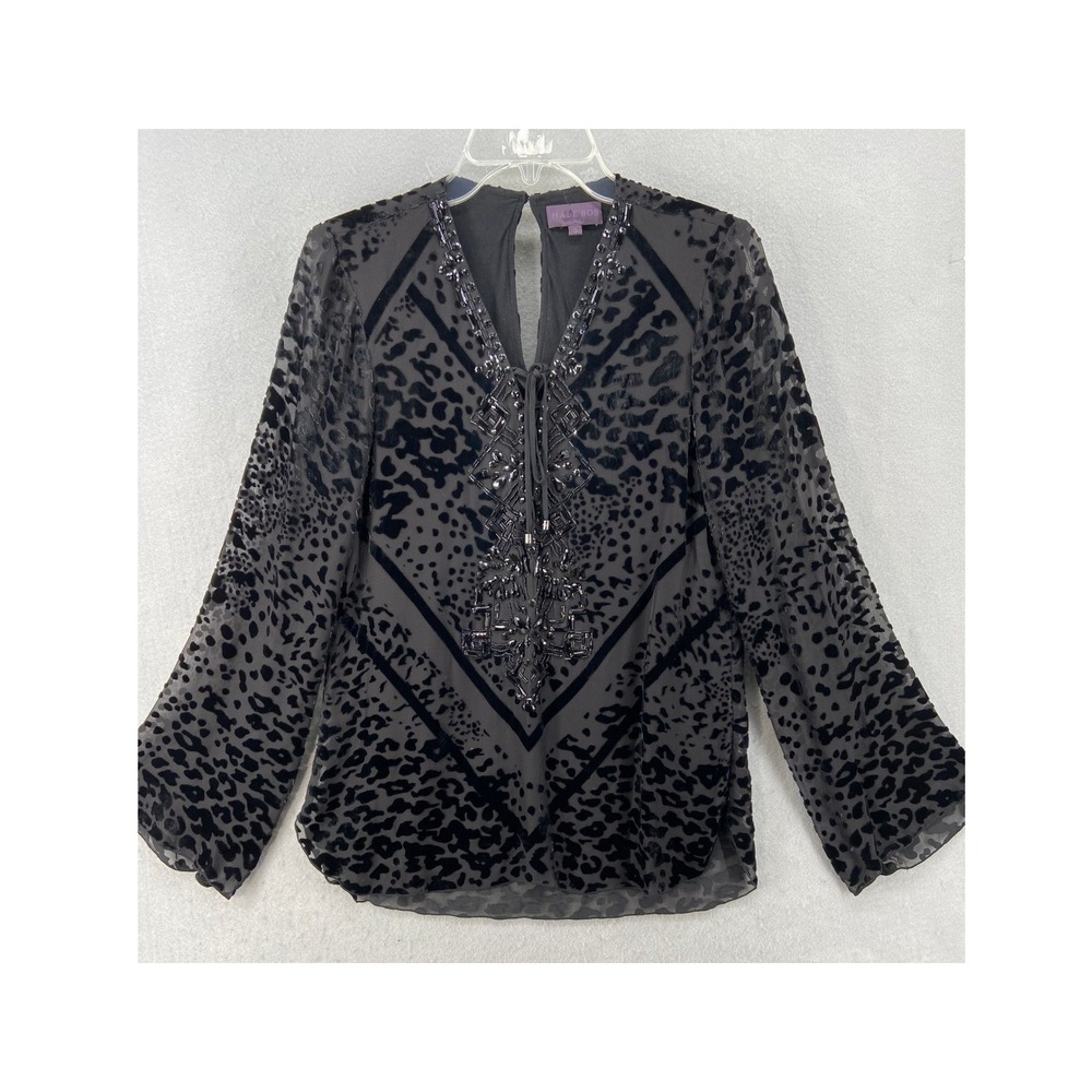 Hale Bob Blouse Sz S Velvet Burnout Black Beaded Embellished Animal Print Party